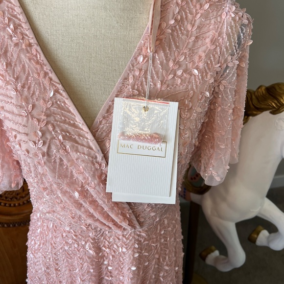 NWT Mac Duggal 35116 8 Pink Wrap Over 8 Flutter Sleeves Midi Beaded Dress Gown - Picture 5 of 10